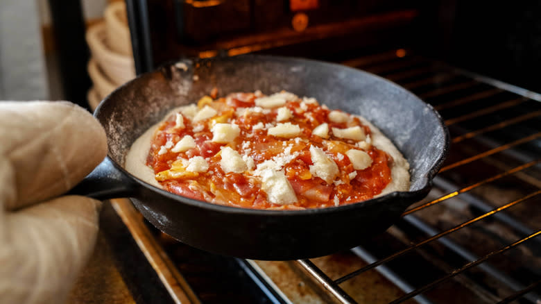 pizza in cast iron skillet