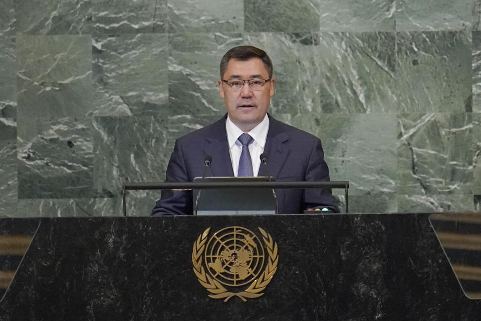 President of Kyrgyzstan Sadyr Zhaparov addresses the 77th session of the United Nations General Assembly, Tuesday, Sept. 20, 2022 at U.N. headquarters. (AP Photo/Mary Altaffer)