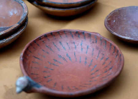 Ceramic pieces are displayed as part of an archeological finding, dated approximately 500 years ago in Mazo Cruz, near Viacha, Bolivia, November 12, 2018. Picture taken November 12, 2018.REUTERS/David Mercado