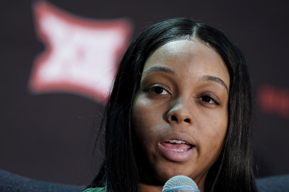 Baylor guard Sarah Andrews speaks to the media during Big 12 NCAA college basketball media day Tuesday, Oct. 18, 2022, in Kansas City, Mo. (AP Photo/Charlie Riedel)