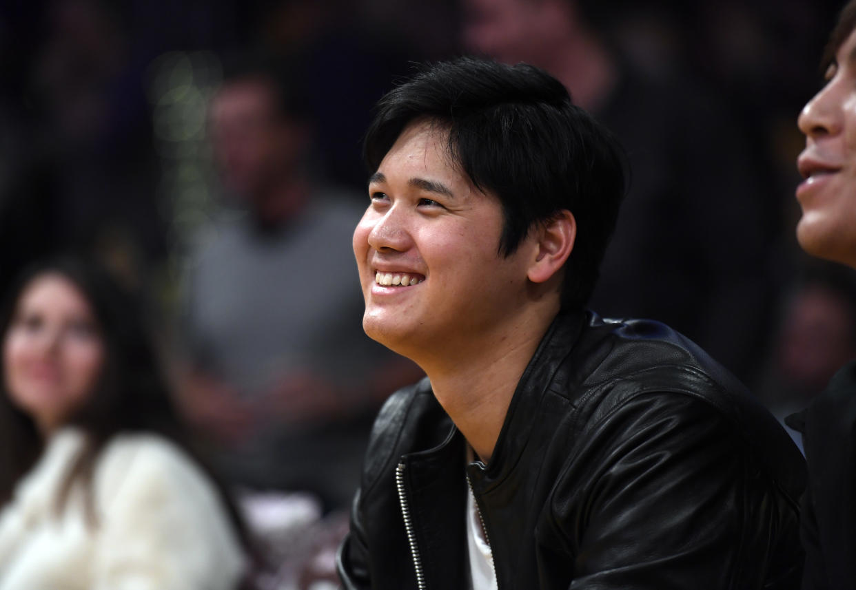 LOS ANGELES, CA - NOVEMBER 29: Pitcher Shohei Ohtani #17 of the Los Angeles Angels of Anaheim attends a basketball game between the Washington Wizards and the Los Angeles Lakers at Staples Center on November 29, 2019 in Los Angeles, California. NOTE TO USER: User expressly acknowledges and agrees that, by downloading and or using this photograph, User is consenting to the terms and conditions of the Getty Images License Agreement. (Photo by Kevork Djansezian/Getty Images)