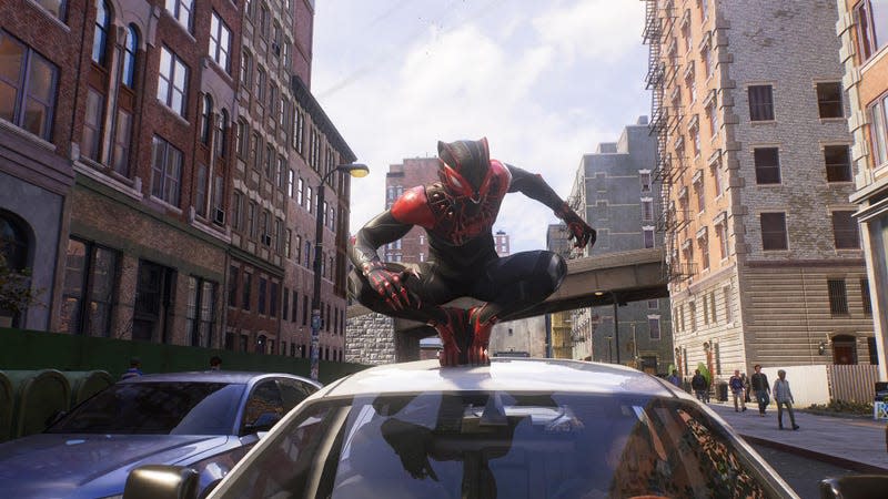 A Marvel's Spider-Man 2 screenshot shows Miles Morales wearing his Forever suit. 