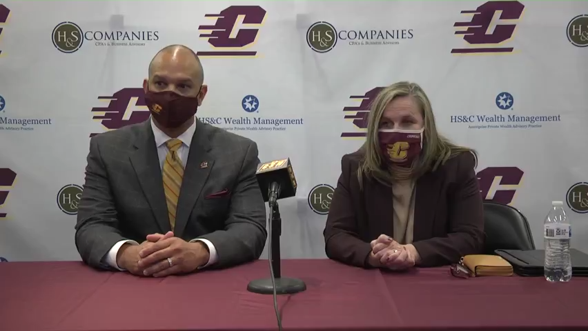 New Central Michigan basketball coach Tony Barbee and athletic director Amy Folan speak to the media on Friday, April 23, 2021, in Mount Pleasant.