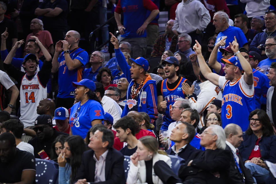 Philadelphia 76ers fans cheer during the second half of Game 6 in an NBA basketball first-round playoff series against the New York Knicks, Thursday, May 2, 2024, in Philadelphia. (AP Photo/Matt Slocum)