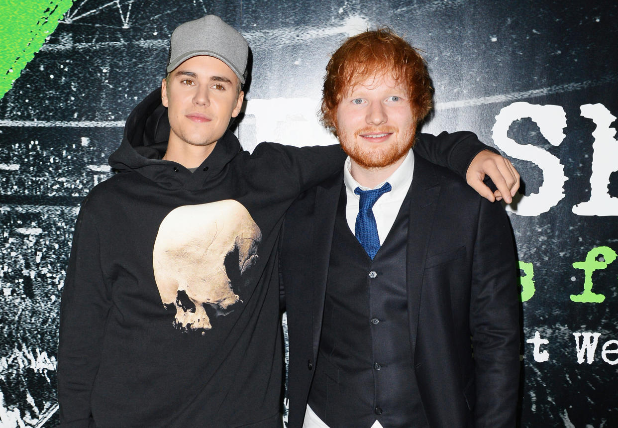 Justin Bieber and Ed Sheeran collaborate on the British singer-songwriter's upcoming album.&nbsp; (Photo: David M. Benett via Getty Images)