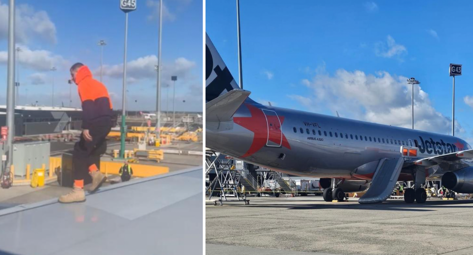 The man is standing on the wing of the plane (left) and you can see the emergency slide extending out of the plane (right). 