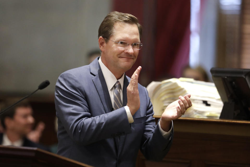 Rep. Cameron Sexton, R-Crossville, addresses the House members after being sworn in as House Speaker during a special session of the Tennessee House Friday, Aug. 23, 2019, in Nashville, Tenn. (AP Photo/Mark Humphrey)