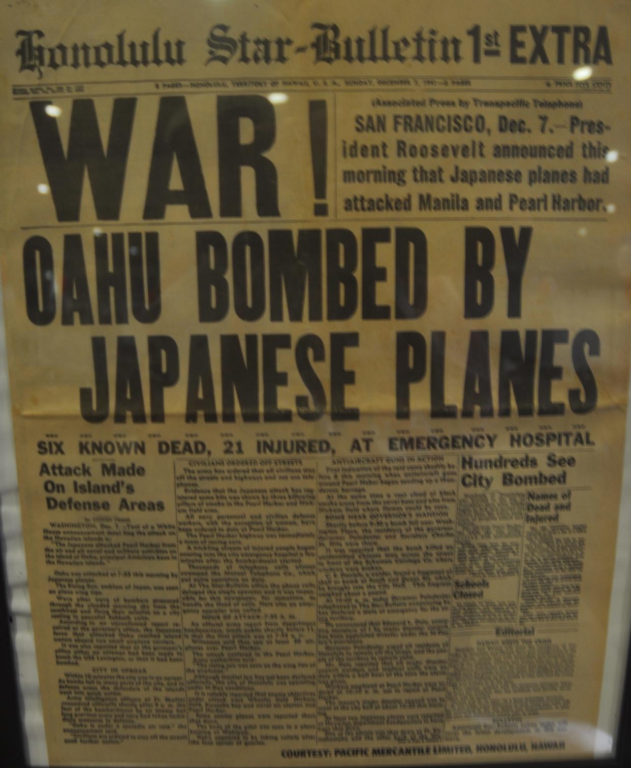 A copy of the newspaper article about the attack on Pearl Harbor from the Honolulu Star-Bulletin was displayed at the ceremony commemorating the 80th anniversary of the attack on Pearl Harbor. The event took place Tuesday, Dec. 7, 2021, at New Hope Ministries in East Naples.
(Photo by Andrea Stetson)