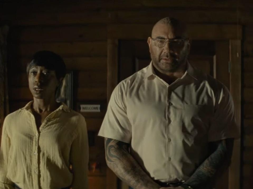 Nikki Amuka-Bird as Adrianne, Dave Bautista as Leonard in "Knock at the Cabin."