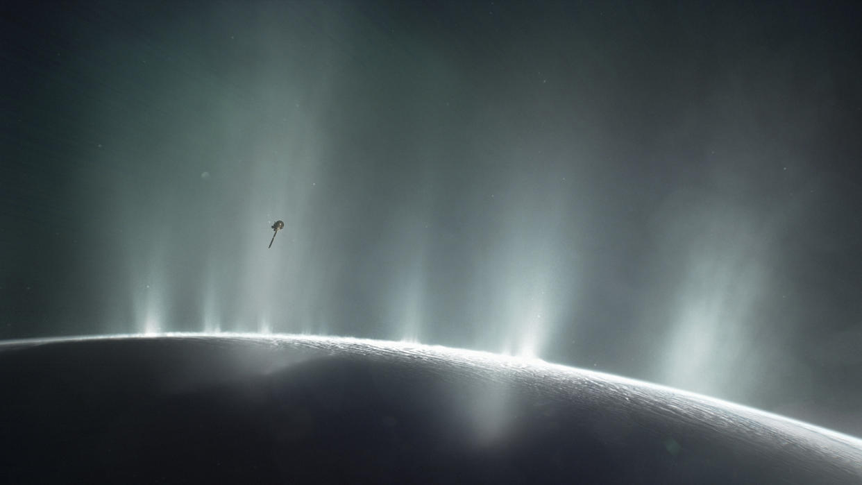  A snapshot of Cassini flying through the plumes of Enceladus during its final orbits between April and September 2017 