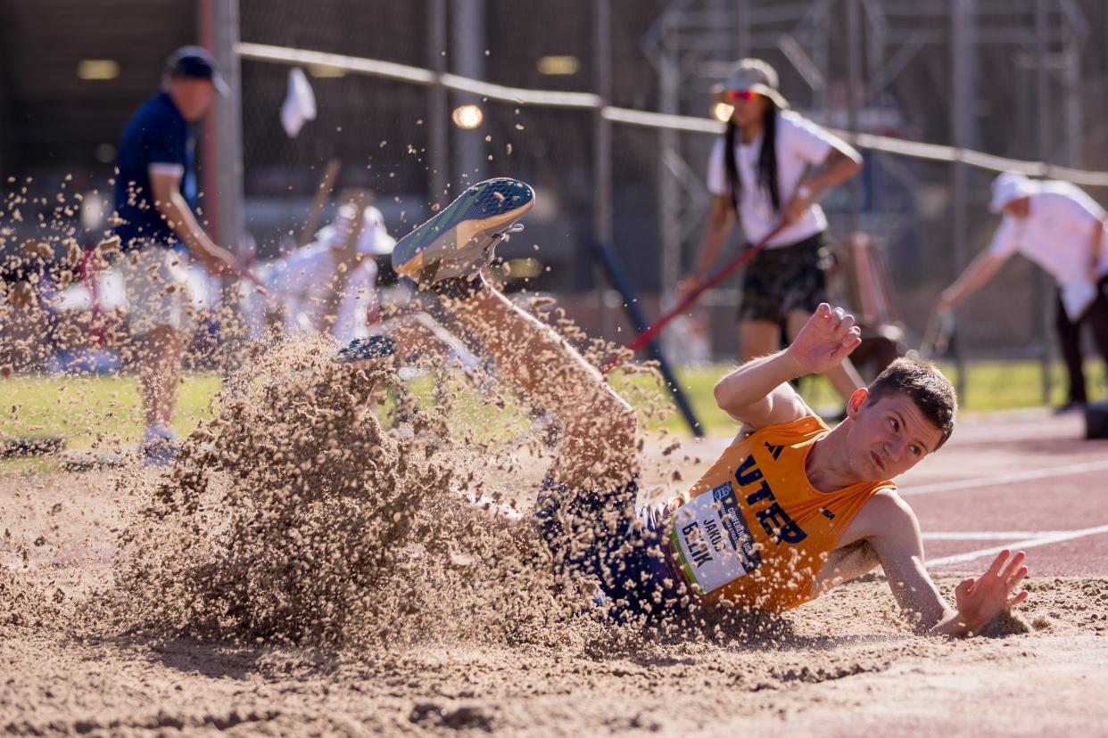 UTEP's Jakub Belik competes in the men's triple jump during day 3 of Conference USA track and field championships at the Kidd Field at UTEP on Sunday, May 12, 2024.