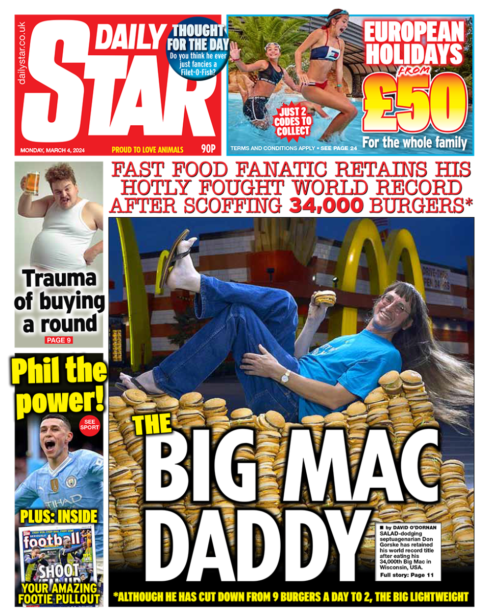 The headline in the Daily Star reads: "Fast food fanatic retains his hotly fought world record after scoffing 34,000 burgers".