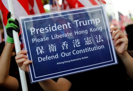 A protester holds a sign during a protest in Central, Hong Kong