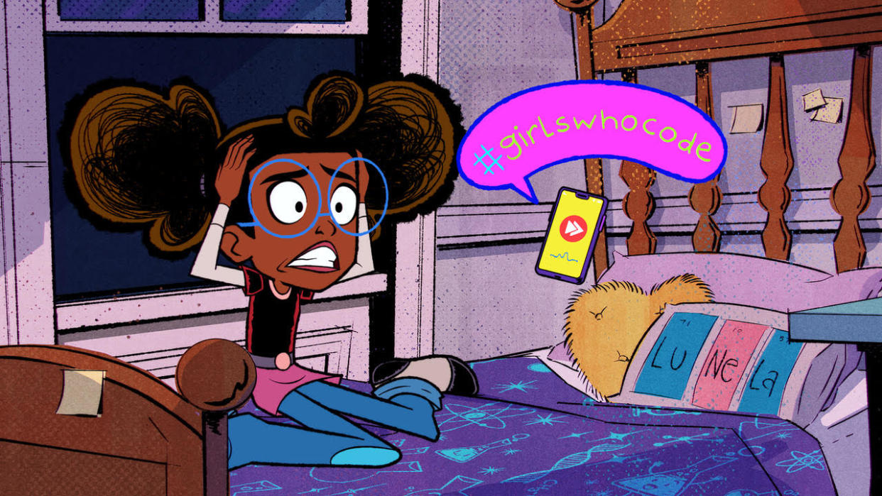 illustration of an episode of 'Marvel's Moon Girl and Devil Dinosaur.' lunella sits on her bed and puts her hands on her head and grimaces. a floating phone next to her says '#girlswhocode.' 