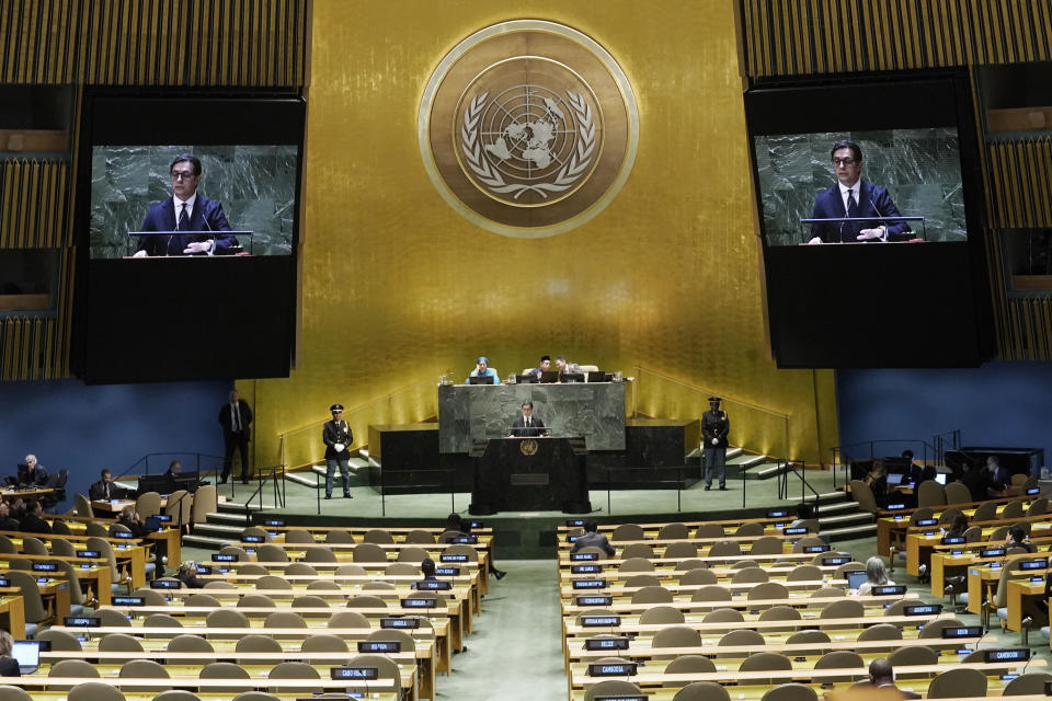 North Macedonia's President Stevo Pendarovski addresses the 78th session of the United Nations General Assembly, Friday, Sept. 22, 2023. (AP Photo/Richard Drew)