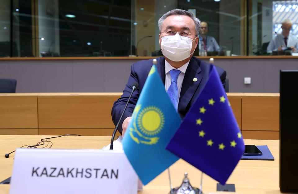 Kazakh Foreign Minister Mukhtar Tleuberdi attends the EU-Kazakhstan Cooperation Council Meeting in Brussels, Belgium on May 10, 2021.