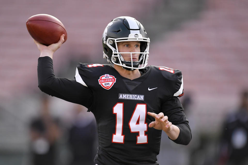 American Team quarterback Brian Lewerke, of Michigan State, throws a pass during the first half of the Collegiate Bowl college football game against the National Team on Saturday, Jan. 18, 2020, in Pasadena, Calif. (AP Photo/Mark J. Terrill)