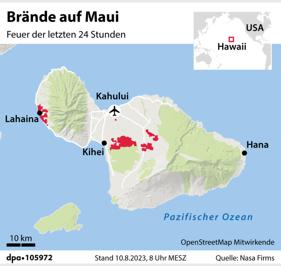 Brände auf Maui. (Grafik: J. Reschke, Redaktion: J. Schneider)