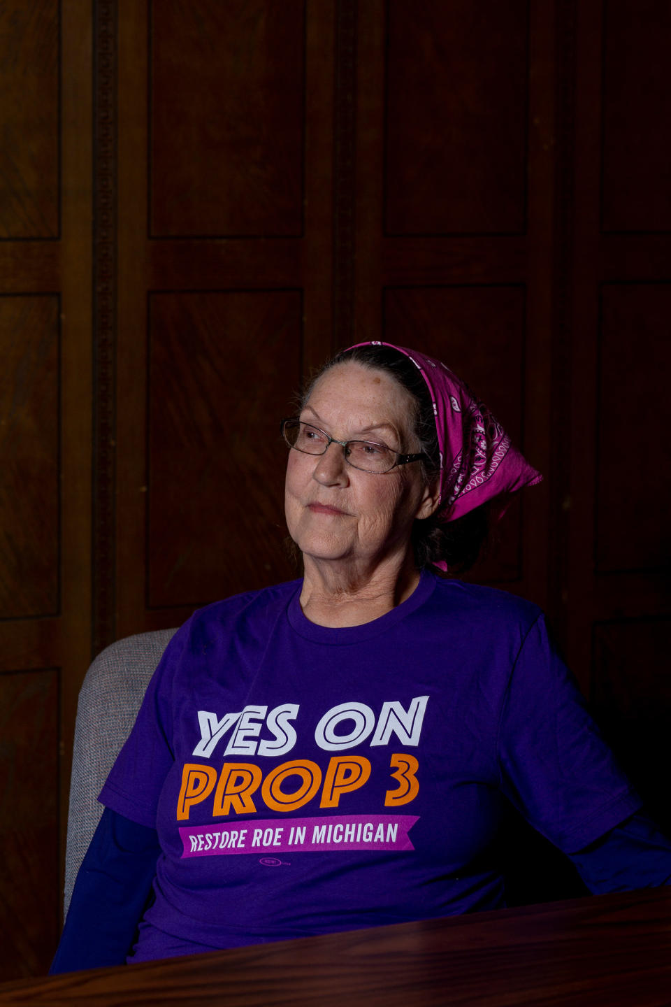 Catherine LeGalley, a retired surgeon, volunteers for Proposal 3 on Nov. 7 in Dearborn, Michigan.