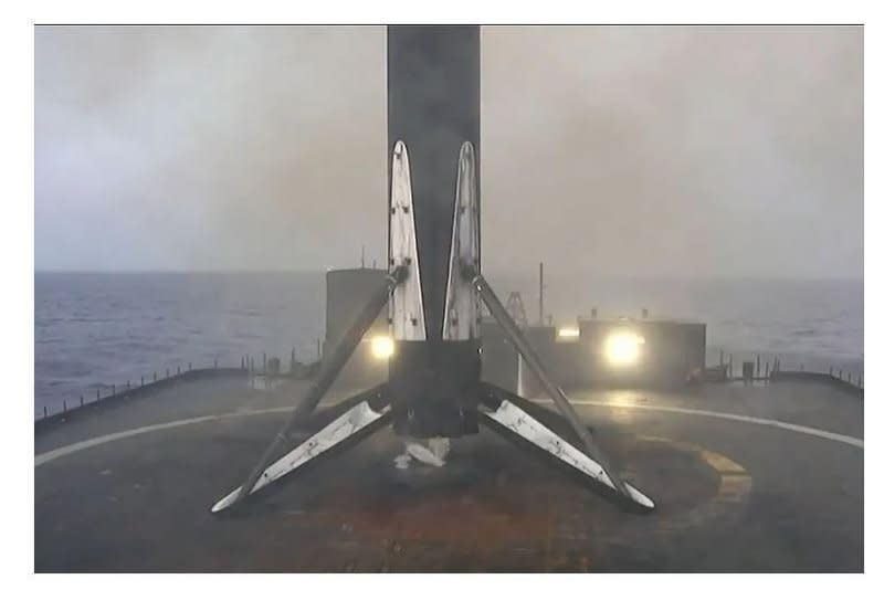 The first stage booster rocket lands on the drone ship "Just Read the Instructions" following the SpaceX launch of a Falcon 9 rocket from Cape Canaveral, Florida Sunday, March 10th, 2024. Photo by SpaceX/X