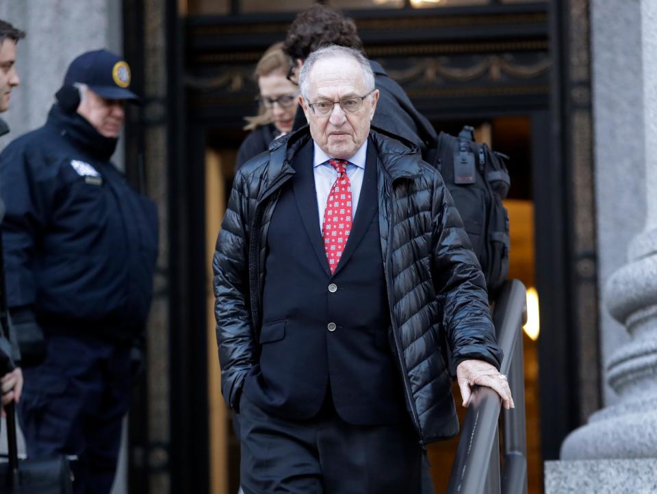 Alan Dershowitz leaves the federal courthouse in Manhattan in March 2019.