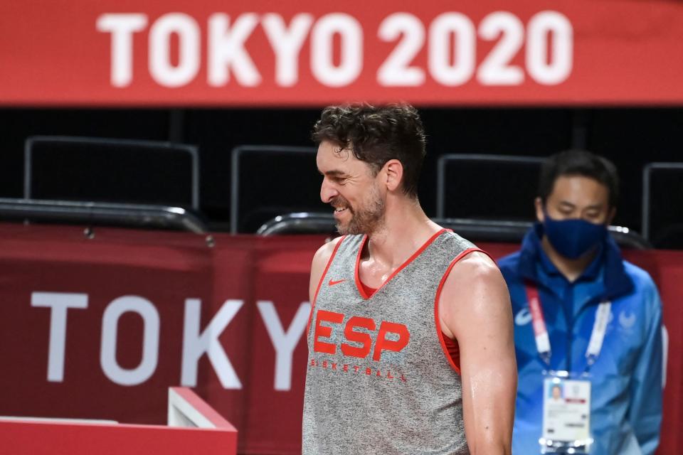 Spain's Pau Gasol attends a basketball training session at the Saitama Super Arena in Saitama, Japan, on July 22, 2021, ahead of the Tokyo 2020 Olympic Games. (Photo by Aris MESSINIS / AFP) (Photo by ARIS MESSINIS/AFP via Getty Images)