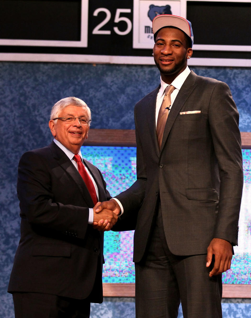 NEWARK, NJ - JUNE 28: Andre Drummond (R) of the Connecticut Huskies greets NBA Commissioner David Stern (L) after he was selected number nine overall by the Detroit Pistons during the first round of the 2012 NBA Draft at Prudential Center on June 28, 2012 in Newark, New Jersey. NOTE TO USER: User expressly acknowledges and agrees that, by downloading and/or using this Photograph, user is consenting to the terms and conditions of the Getty Images License Agreement. (Photo by Elsa/Getty Images)