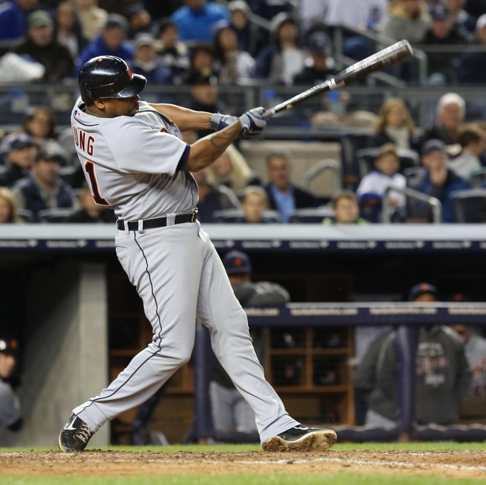 Detroit Tigers Delmon Young hits  a solo home run during eight inning action against the New York Yankees in game one of the ALCS playoff at Yankee Stadium in New York, Saturday, October 13, 2012.  DIANE WEISS/Detroit Free Press
