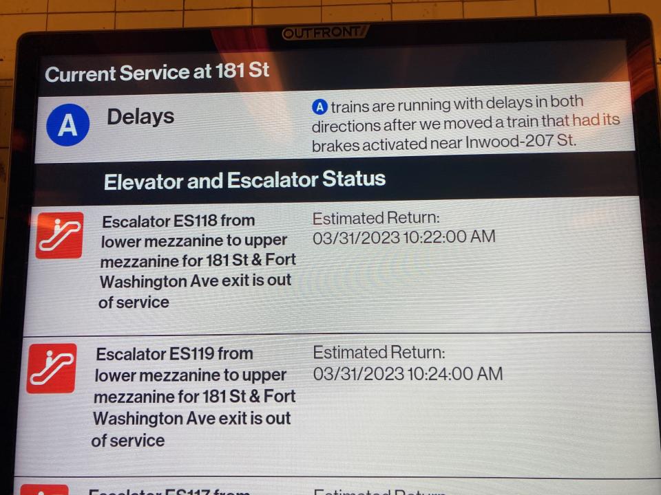 Subway delay alerts on a monitor.