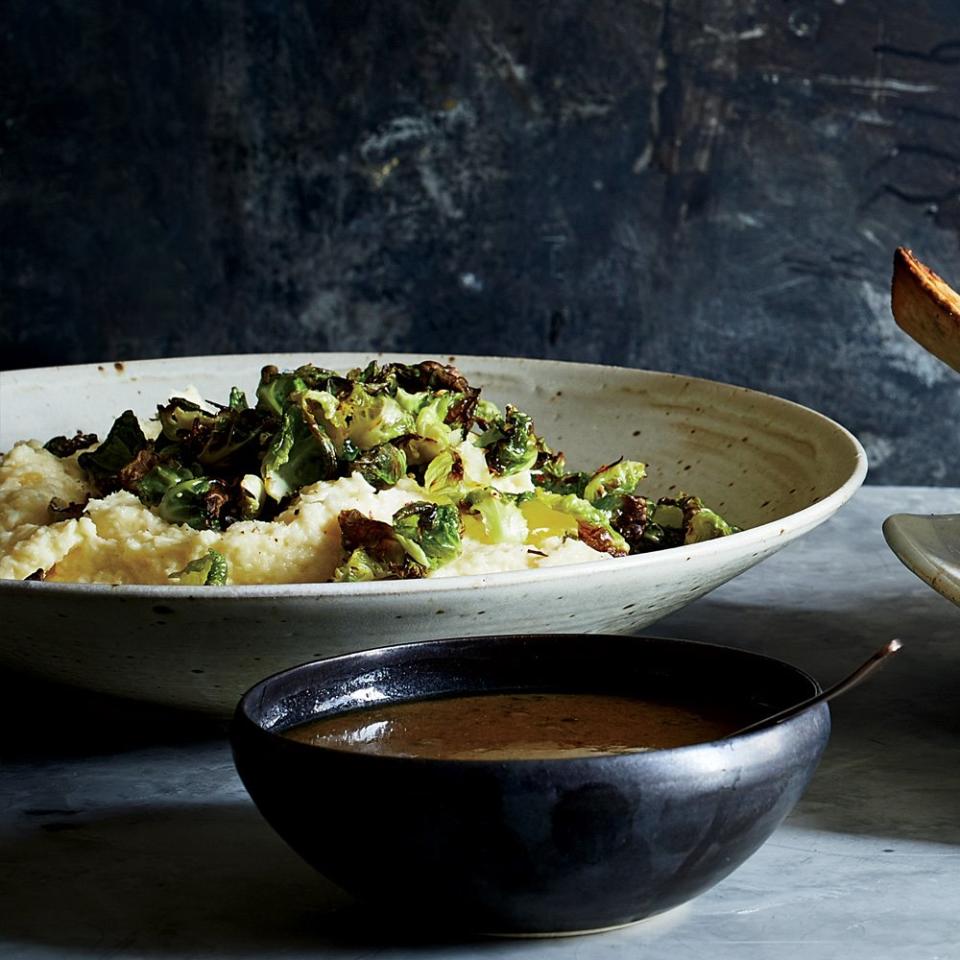 Parsnip Mash with Fried Brussels Sprout Leaves