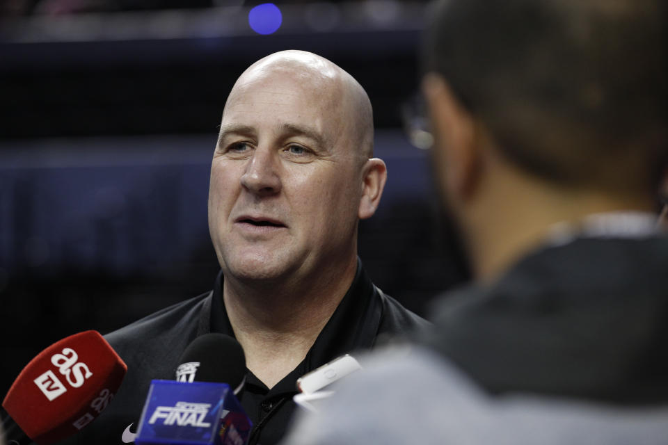 Chicago Bulls coach Jim Boylen talks to journalists before a basketball practice at Mexico City Arena in Mexico City, Wednesday, Dec. 12, 2018. The Bulls will face Orlando Magic Thursday in the first of two 2018 regular-season NBA games to be played in the high-altitude Mexican capital. (AP Photo/Rebecca Blackwell)