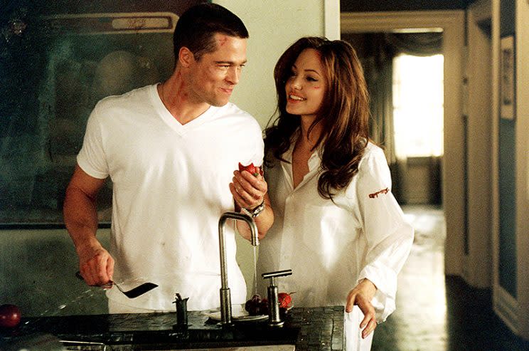 Brad Pitt and Angelina Jolie, while filming Mr. & Mrs. Smith