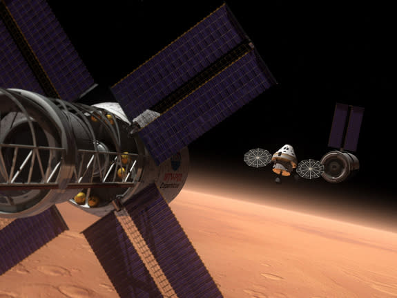 An artist's illustration a manned NASA Orion space capsule in orbit around Mars, with two other vehicles nearby. A National Research Council report released June 4, 2014 found that Mars should be the ultimate goal for NASA's human spaceflight p