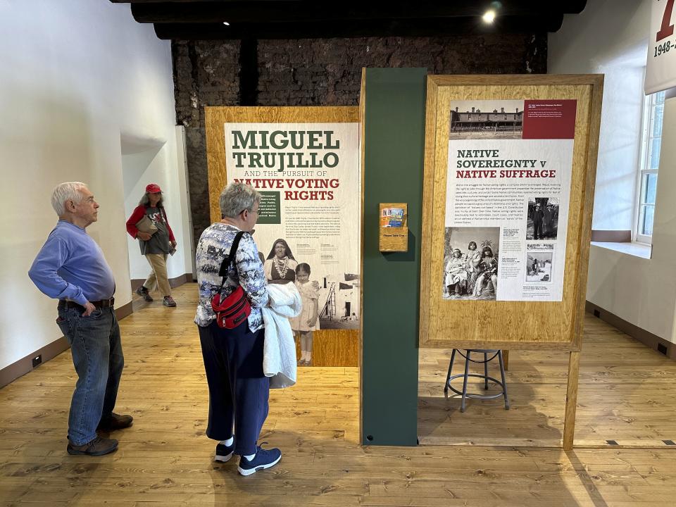 An exhibit at the New Mexico History Museum in Santa Fe, N.M., on Friday, May 17, 2024, recounts the life and times of voting rights pioneer Miguel Trujillo of Isleta Pueblo, who in 1948 successfully challenged New Mexico’s ban on voting by Native Americans. An act of Congress a century ago guaranteed citizenship to Native Americans but was only the outset of an arduous journey to secure voting rights in many states. (AP Photo/Morgan Lee)