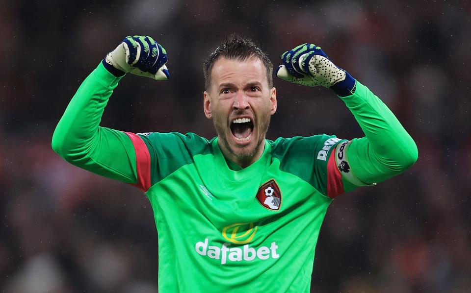 Bournemouth goalkeeper Neto celebrates his first goal during the Premier League match between Manchester United and AFC Bournemouth at Old Trafford on December 9, 2023 in Manchester, England.