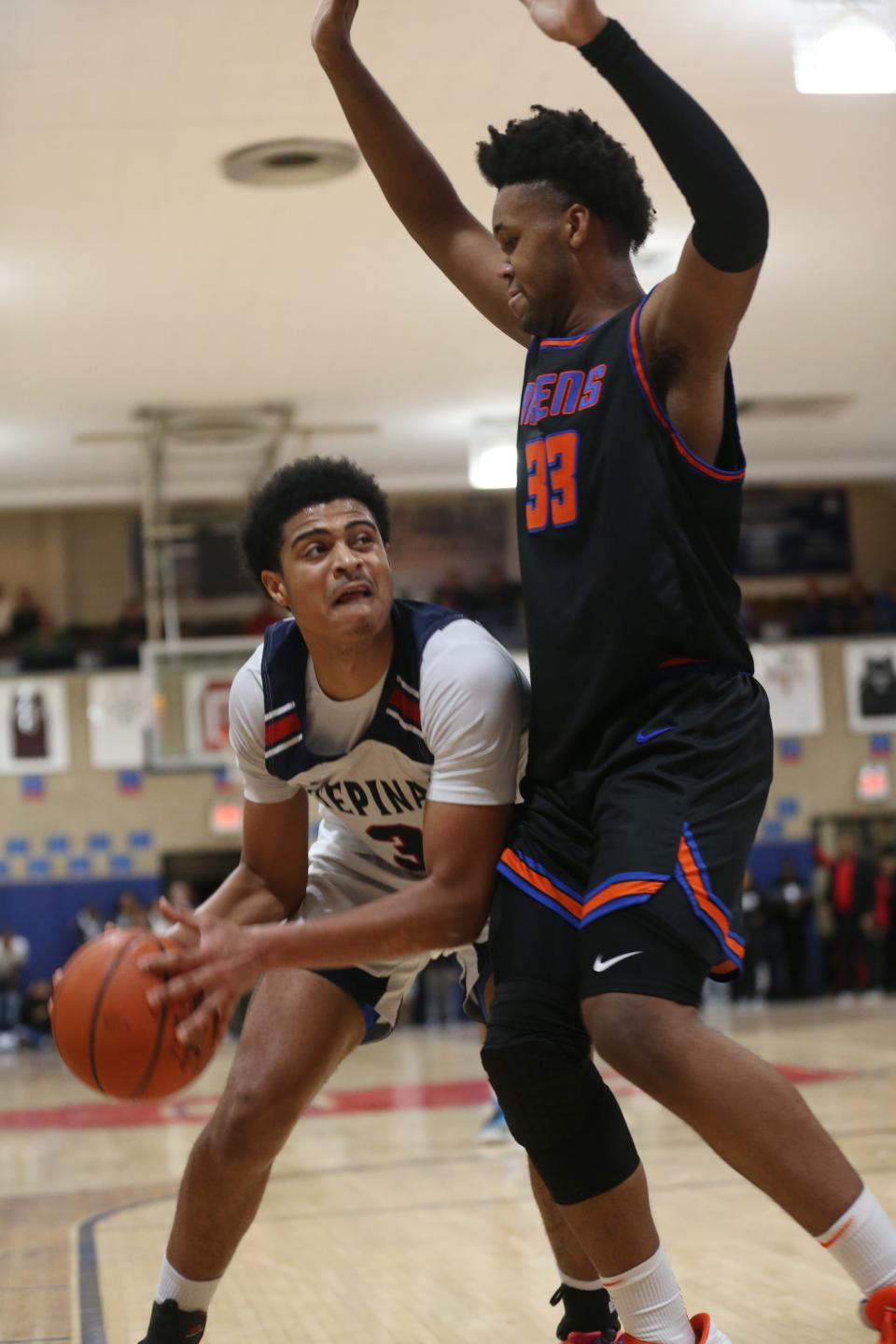 Stepinac's Braylan Ritvo (3) in action during game against Saint Raymond at Stepinac High School in White Plains Jan. 20, 2023. Stepinac won the game 89-87 in overtime. 