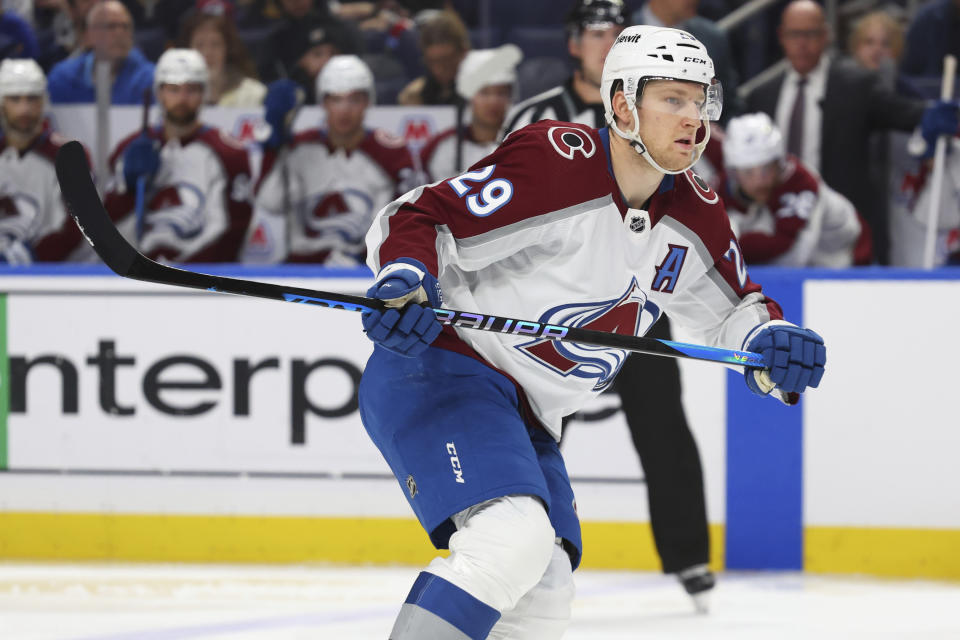 Colorado Avalanche center Nathan MacKinnon (29) skates into the zone during the second period of an NHL hockey game against the Buffalo Sabres, Sunday, Oct. 29, 2023, in Buffalo, N.Y. (AP Photo/Jeffrey T. Barnes)