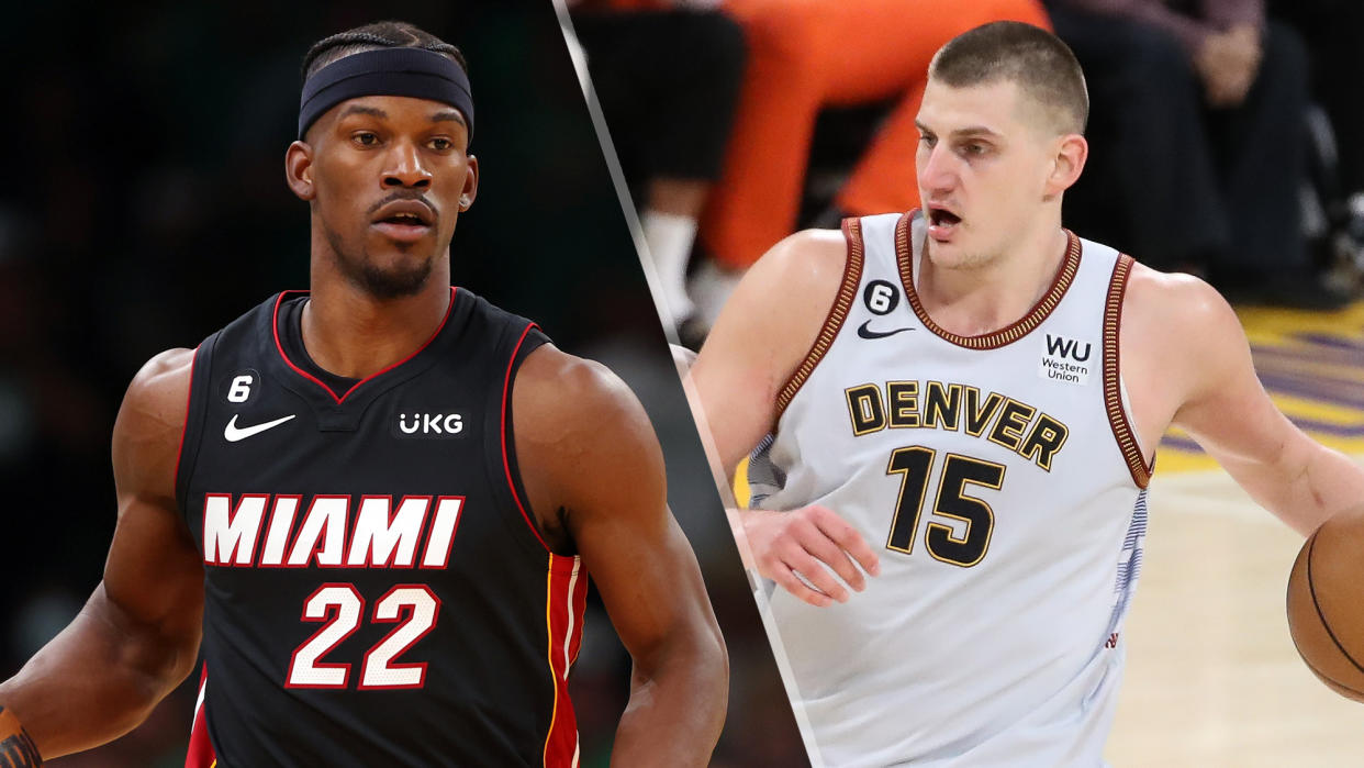  (L, R) Jimmy Butler and Nikola Jokic will face off in the Heat vs Nuggets live stream of Game 1 of the 2023 NBA Finals 