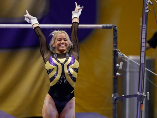 LSU gymnast Olivia Dunne competes during an NCAA gymnastics meet against Arkansas.