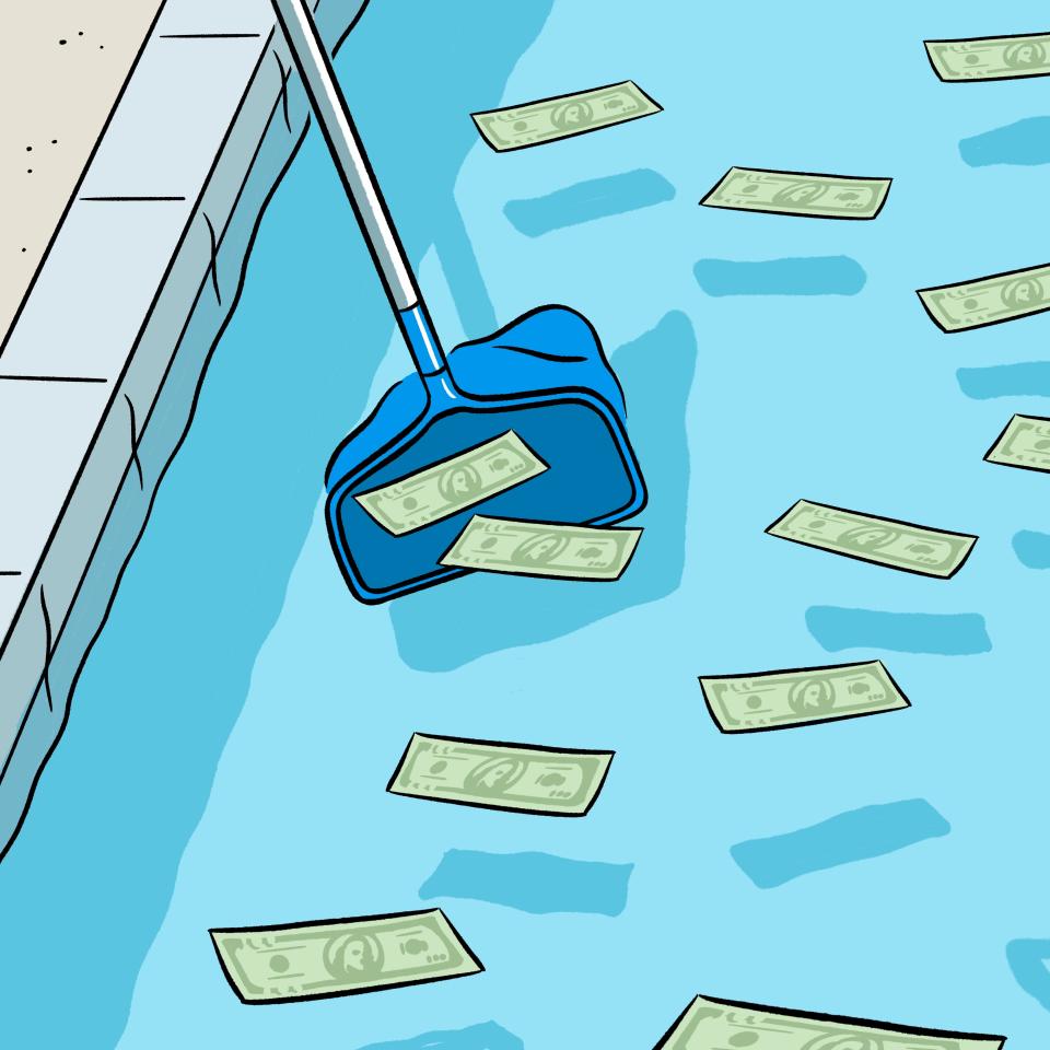 An illustration of money being fished out of a pool