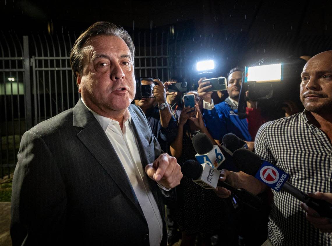 A defiant Miami City Commissioner Alex Diaz De La Portilla speaks to reporters after he was let out of Turner Guilford Knight Correctional Center following his arrest on corruption charges in Miami on Sept. 14, 2023.
