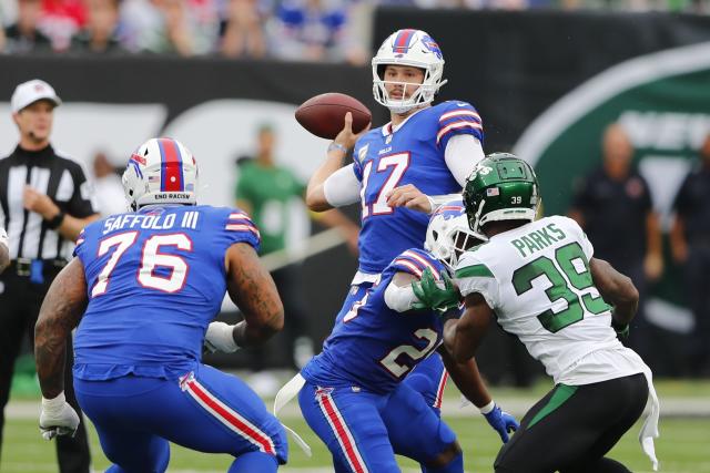 Buffalo Bills quarterback Josh Allen (17) passes the ball during an NFL  football game against the New York Jets on Monday, Sept. 11, 2023, in East  Rutherford, N.J. (AP Photo/Rusty Jones Stock