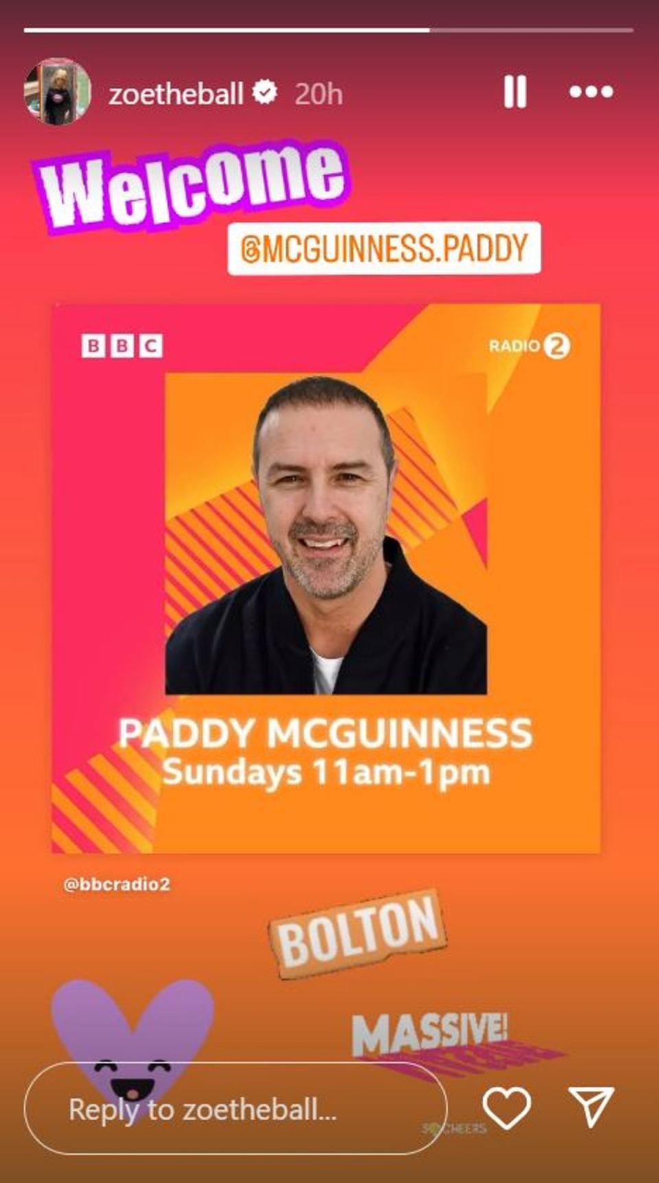 Zoe Ball shared her support for Paddy McGuinness joining BBC Radio 2 on Instagram (Instagram @zoetheball)