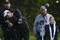 Rose Zhang, front left, tees off the 14th hole during the final round of the LPGA Cognizant Founders Cup golf tournament, Sunday, May 12, 2024, in Clifton, N.J. (AP Photo/Seth Wenig)