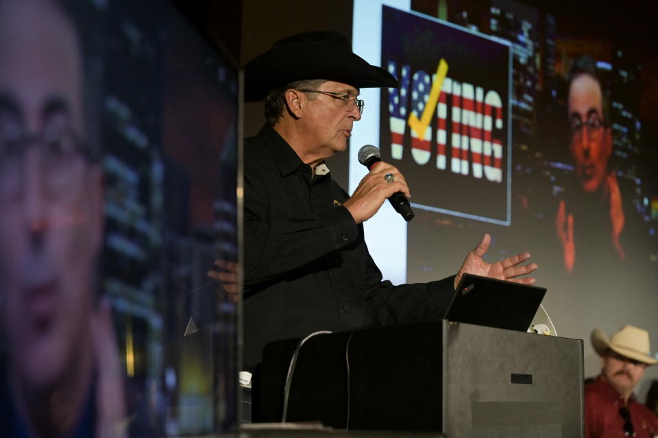 Former Graham County, Ariz., Sheriff Richard Mack, founder of the Constitutional Sheriffs and Peace Officers Association, speaks during a news conference in Las Vegas.