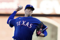 Texas Rangers starting pitcher Kyle Gibson (44) throws against the San Francisco Giants during the first inning of a baseball game in San Francisco, Monday, May 10, 2021. (AP Photo/John Hefti)