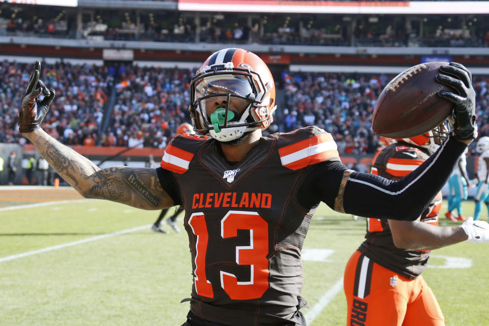 Cleveland Browns wide receiver Odell Beckham Jr. celebrates after a 35-yard touchdown during the first half of an NFL football game against the Miami Dolphins, Sunday, Nov. 24, 2019, in Cleveland. (AP Photo/Ron Schwane)