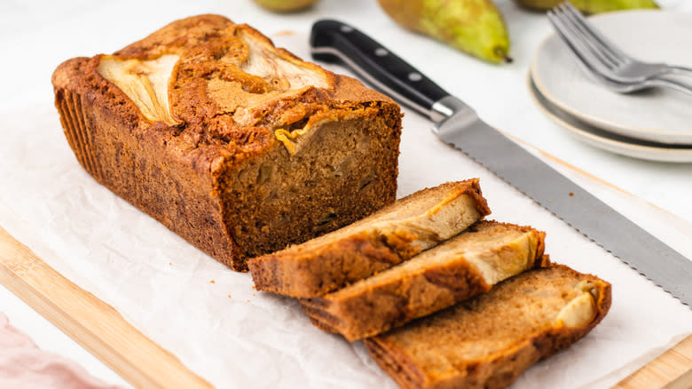 sliced pear bread on board