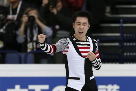 Figure Skating - ISU World Championships 2017 - Men's Free Skating - Helsinki, Finland - 1/4/17 - Boyang Jin of China reacts after his performance. REUTERS/Grigory Dukor