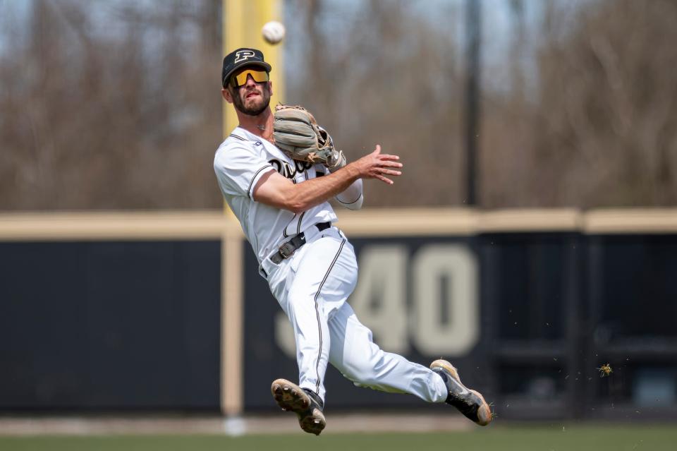 Purdue infielder Evan Albrecht (5) fires to first in the Indiana Hoosiers at Purdue Boilermakers baseball game, Sunday Apr. 10, 2022 in West Lafayette.